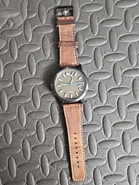 Puma Brown Leather Strap Watch with Gray Dial and Blue Second Hand
